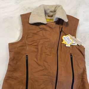 Brown Leather Vest with Cream Shearling Collar